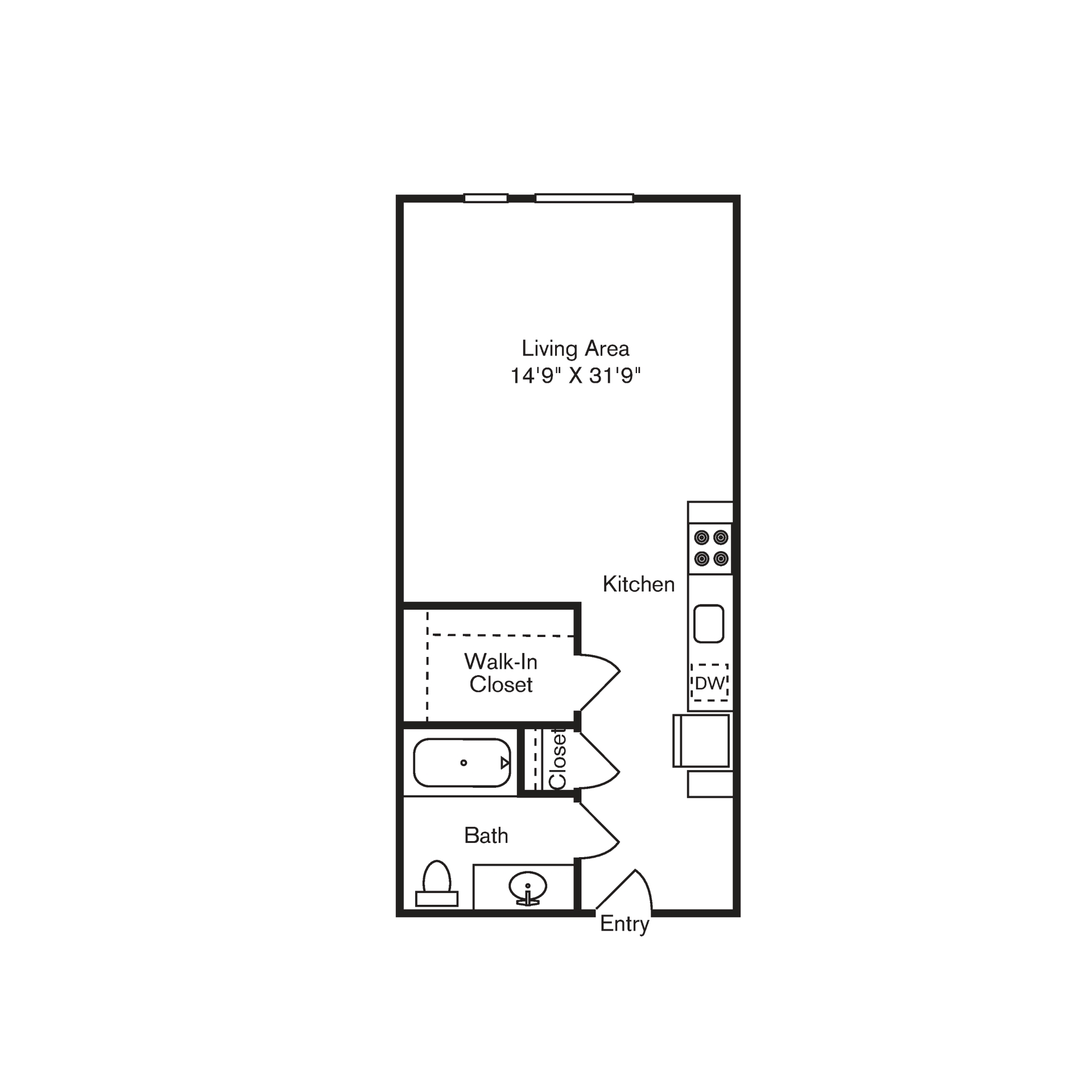 Floor plan for studio, 1 bath, 496 sqft